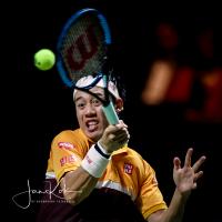 Kei Nishikori in actie tijdens het ABNAMRO WTT in Rotterdam